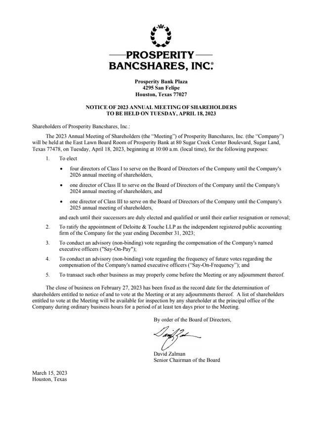 Prosperity Bancshares, Inc. 2023 Annual Meeting